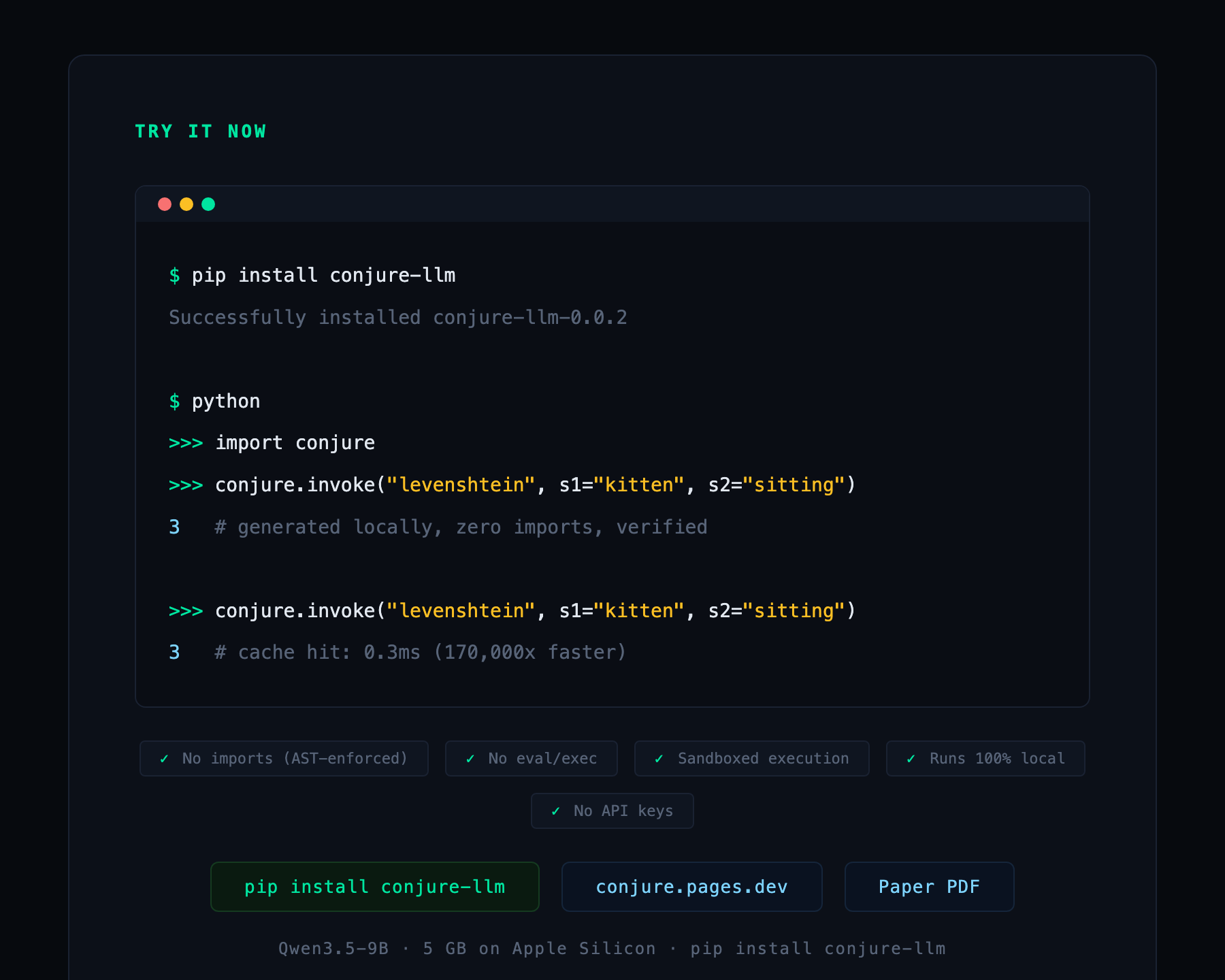 Installing and calling Conjure from a terminal, with the cache hit on the second call